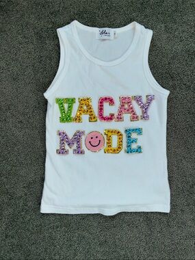 Lola + The Boys White Tank Top with Multicolor Rhinestone "VACAY MODE"